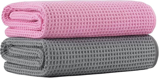 MICROFI New Microfiber Waffle Bath Towels, 2 Pieces, Oversized, Soft, Absorbent, Fast Drying, Lint Free 430 GSM (Gray+Pink)