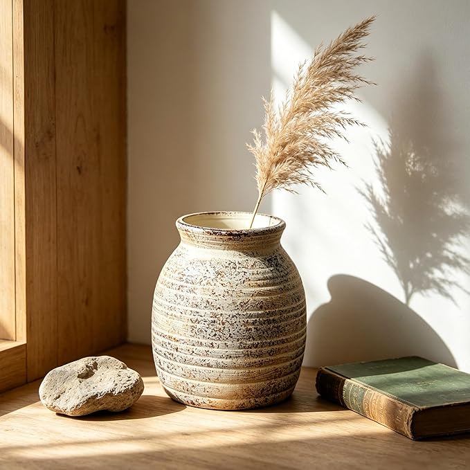 Handmade Stoneware Vase with Textured Speckled Finish - Unique Artisanal Ceramic Vase, Natural Wabi-Sabi Decor for Home, 5.7”H x 4.52”D