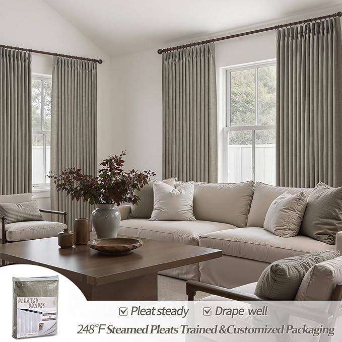 Extra Long 108 Inch Blackout Floor to Ceiling Curtains for Dining Room, Sepia Ebony Memory Trained Pinch Pleated Two Layer Thick Linen Blend Insulated Soundproof Decorative Windows Drapes 2 Panels Set