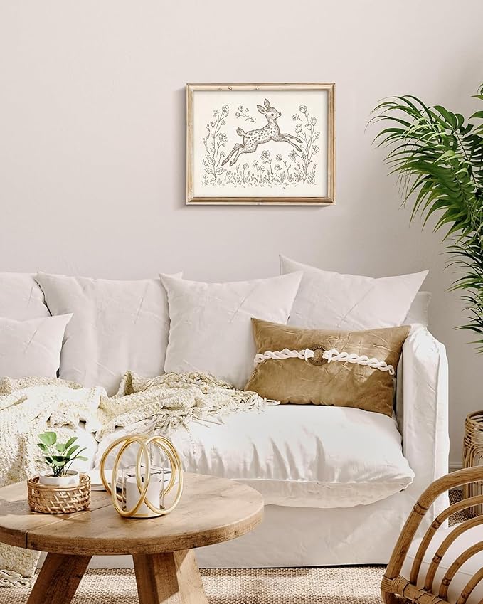 Vodefoad Fawn Sketch Vintage Wall Art Retro Nursery Jump Fawn Art Print Neutral Cottagecore Nursery Decor Farmhouse Rustic Deer Wall Decor for Gallery Nursery Bedroom Bathroom Office - 8x10Inch Unframe