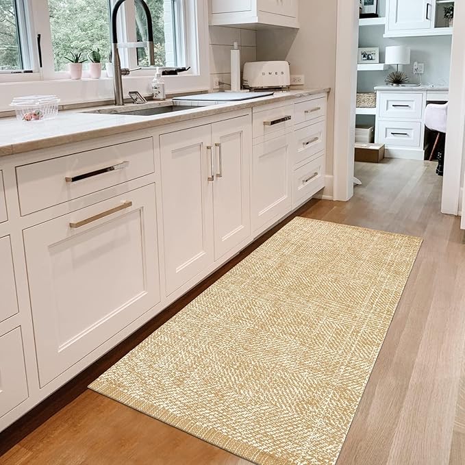 LEEVAN Washable Kitchen Runner Rug, 2' x 4.3' Boho Bathroom Rugs Cotton Tan Reversible Entryway Rug, Farmhouse Hallway Rug Modern Bedroom Carpet for Foyer Front Proch Deco