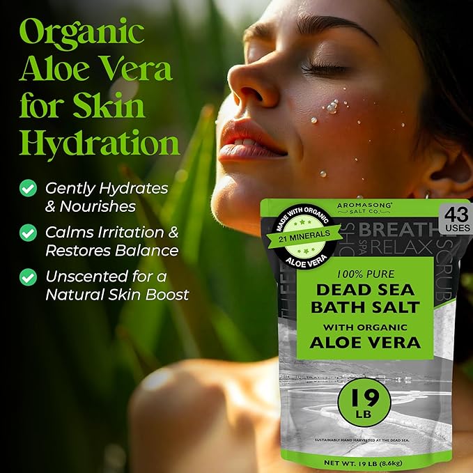 Aromasong Dead Sea Salt with Organic Aloe Vera, Spa Bath Salts, 19 Lbs Fine Bulk resealable Pack, 100% Pure & Natural, Soak for Women & Men for Tired Muscles & Skin Issues (Packaging May Vary)