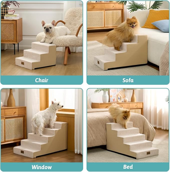 COZY KISS Dog Stairs for Small Dogs 11.7" H, 3-Step Gentle Incline Pet Step for Couch Chiars, Right-Angle Dog Ramp for Puppy Doggie Senior Cats, 15.7x17.7x11.7 Inch, Beige