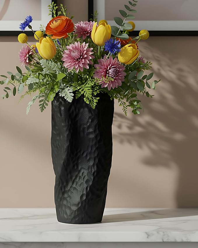 Black Matte Ceramic Vase, 9.9 Inch Organic Nature Shape, OOSTONEE Modern Wabi Sabi Decor Gothic Unique Flower Vase for Home, Living Room, Bedroom, Dining Table, Centerpiece Decor