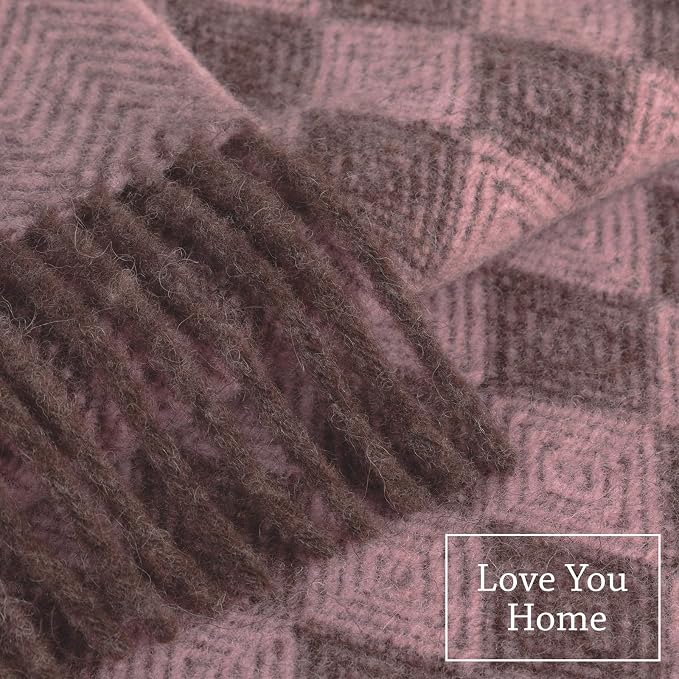 LYHome Wool Blanket 100% - Warm and Cozy Throw for Home Travel Outdoor Camping Picnic & Cold Weather, Decorative Blankets Couch Bed, Warmest Throws (55x79 in | Soft Pink - Brown Scandinavian Rhombus)