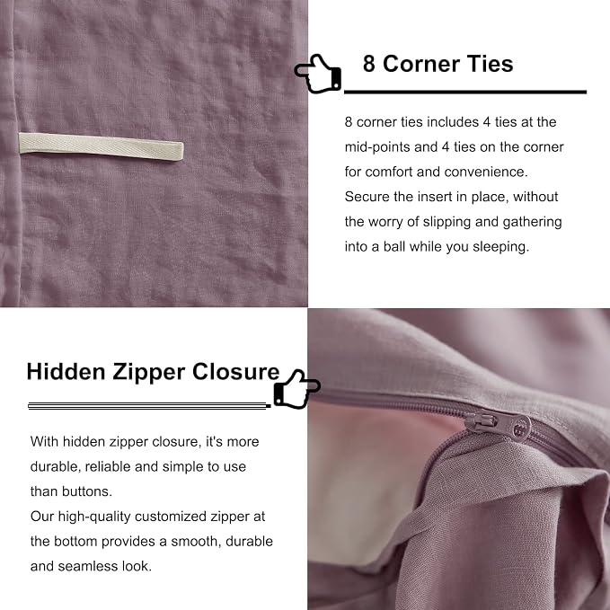 TOSMO Linen Duvet Cover Set, 100% French Flax Natural Linen Bedding 3pcs Set, Soft Breathable for Hot Sleepers 1 Duvet Cover and 2 Pillowcases (Light Lilac, Queen)