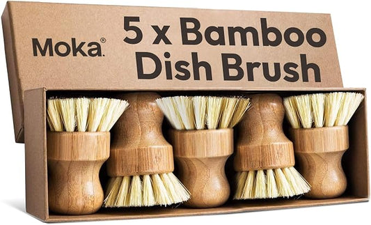 Moka Bamboo Dish Brush - Eco Friendly Scrub Brush with Natural Bristle - Premium Bamboo Dish Scrubber for Kitchen Cleaning, Dishes, Pots, and Pans - Sustainable and Durable (5 Pack)