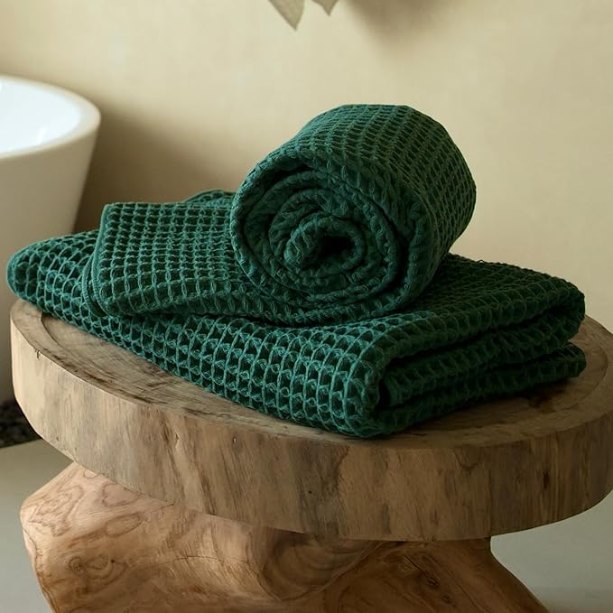 Luxury Organic Japanese Cotton Waffle Bath Towel | Thick, Absorbent, Quick Dry Bathroom Towels for Shower, Sauna, Onsen| Hotel & Spa Quality, Gift-Ready (Forest Green, Bath Towel (2 Pack))