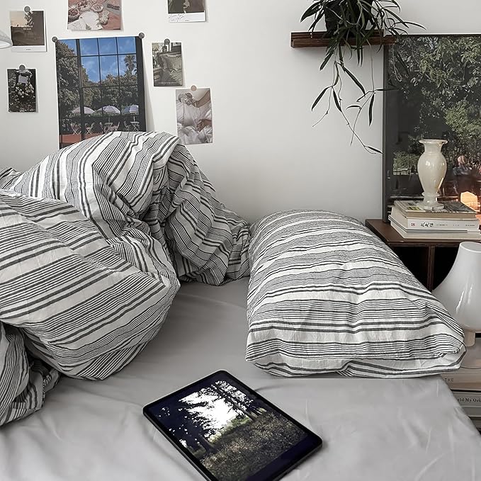 mixinni Vintage Gray & White Striped Duvet Cover Set - 3 Piece 100% Washed Cotton Twin XL Size Bedding | Minimalist Gender-Neutral Design | Ultra-Soft Breathable, with Zipper Closure & Corner Ties
