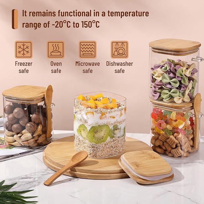 BAMBOO LAND- Glass Jars with Bamboo Lids and Spoons Set, 28 Oz, Set of 4, Glass Containers with Bamboo Lids Airtight for Loose Tea, Brown Sugar, Candy, Nuts