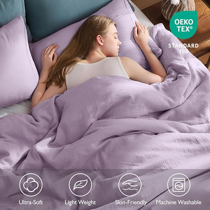 EMME Muslin Cotton Duvet Cover Set Lavender King Size Linen Like Soft Breathable Lightweight Summer Comforter Cover Set with Zipper Closure (Lavender, King, 104"x90")