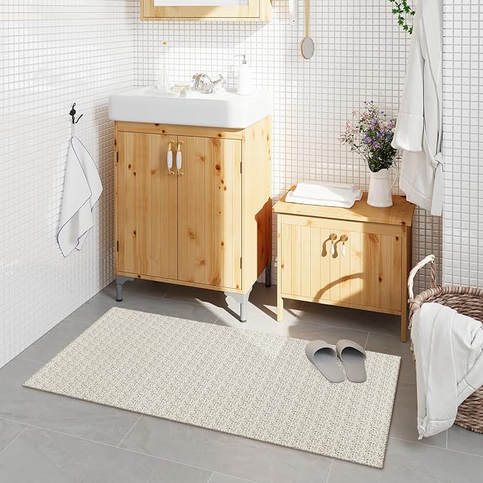 Collive Boho Kitchen Runner Rugs 2x4.3 Washable Bathroom Rug Runner Non Slip Indoor Doormat Tan Cotton Woven Front Door Rug Carpet Runner Rugs for Front Porch Entrance Entryway