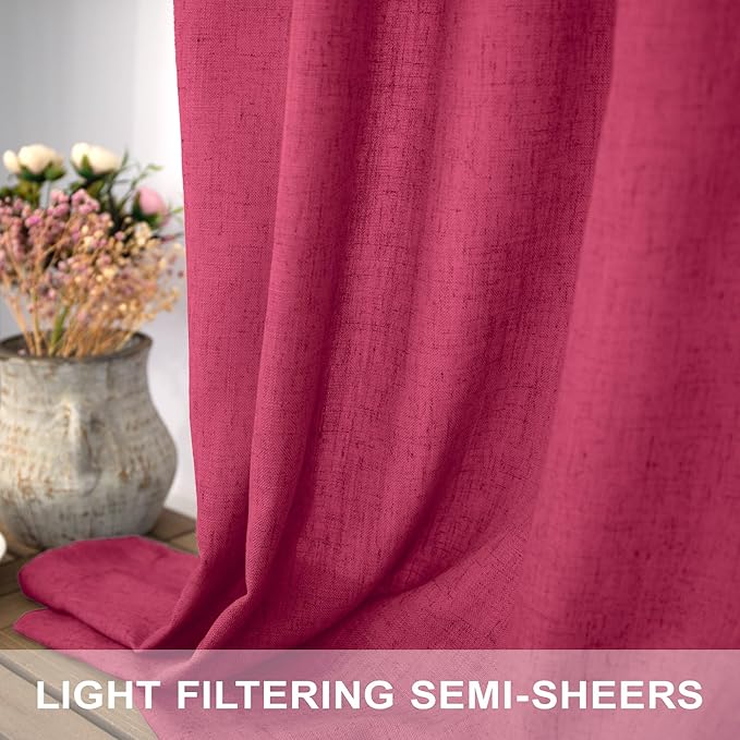 Hot Pink Curtains 45 Inch Length for Bedroom 2 Panel Pocket Back Tab Short Small Magenta Curtains for Living Room Semi-sheer Linen Light Filtering Curtain for Kitchen Bathroom Raspberry Fuchsia 52x45