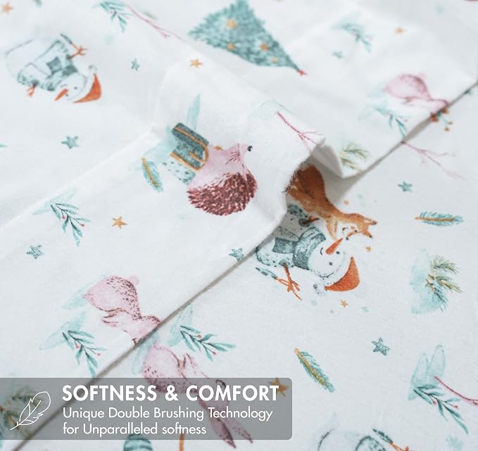 RUVANTI Flannel Sheets King Size - GOTS Certified 100% Organic Cotton, 4 Piece Warm, Soft & Breathable Set, Deep Pocket Snug Fit, Double Brushed Cozy All Season Bedding, Fox N Friends