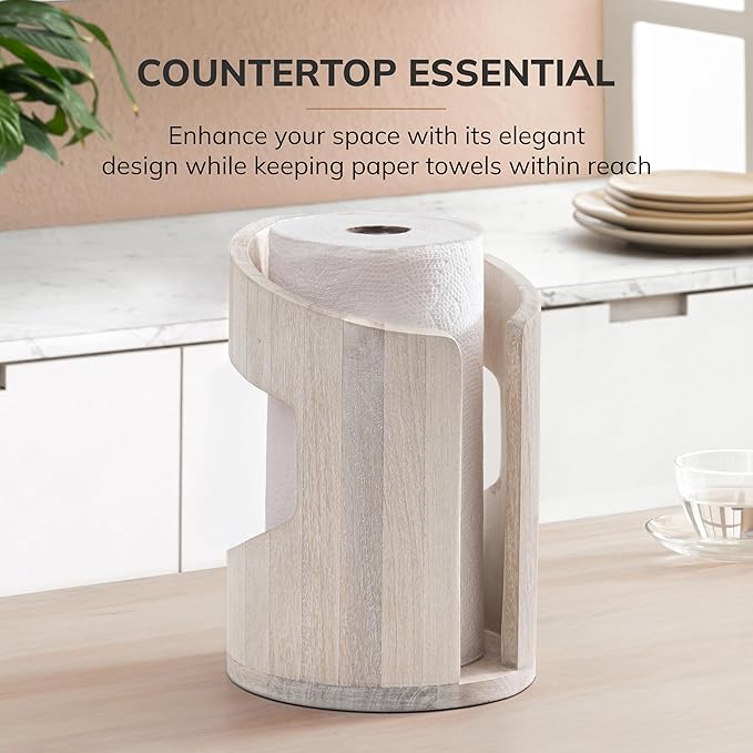 Anji Mountain Wooden Paper Towel Holder Countertop with Mango Wood Round Base and Iron Holder, Holder Stand for Kitchen Roll Organizer & Kitchen Dining Table Home Decor - Whitewash/Nickel, Arc Hold