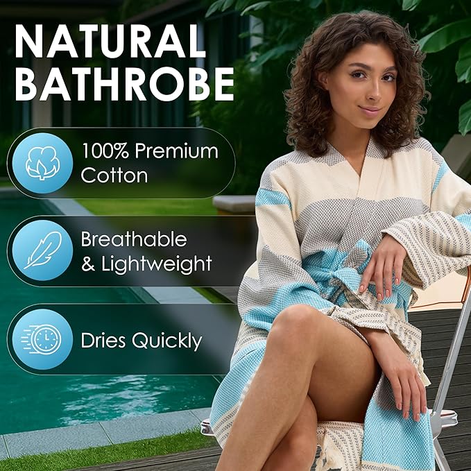 ATANI 100% Turkish Cotton Bathrobe S-XXL for Women & Men – Peshtemal Style Soft Cozy Lounge Robe, Absorbent & Lightweight