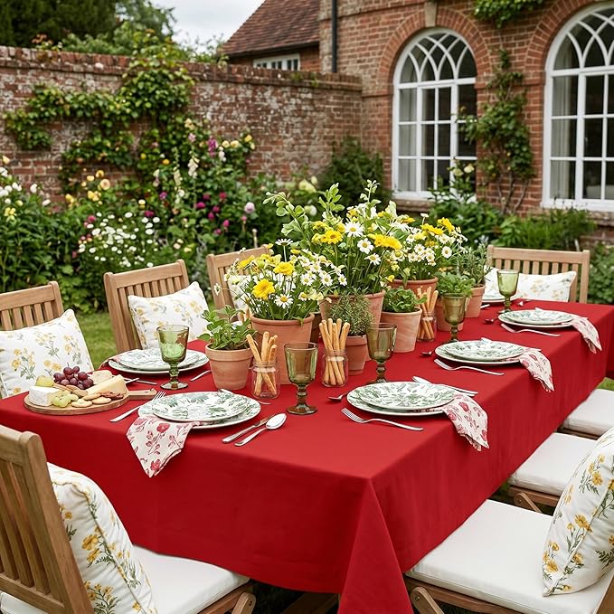 Solino Home Linen Red Tablecloth 60 x 144 Inch - 100% Pure Linen Rectangular Tablecloth - Machine Washable Table Cloth for 4th of July - Fete
