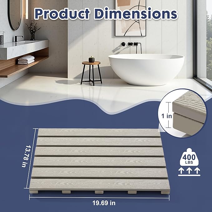 Bamboo-Design Bath Mat, Heavy Duty HDPS Plastic, 19.7" x 13.8", 400lb Support, 100% Waterproof & Fadeproof, Superior to Real Bamboo for Bathroom Spa Sauna Poolside Outdoor (Gray Color)