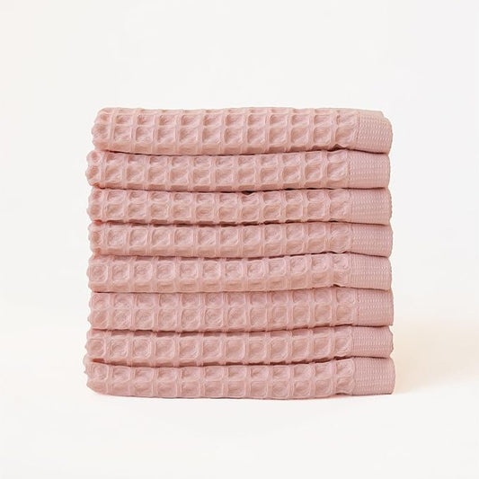 Waffle Washcloths Set of 8 Pink - Premium Quality 100% Turkish Cotton Face Washcloth, Soft Makeup Towel, Shower Cloth, Kitchen Towel (Light Pink, Set of 8 Washcloths)