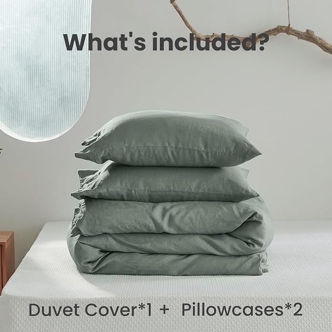 Simple&Opulence 100% Linen Duvet Cover Set 2pcs with Coconut Button Closure Natural French Washed Flax Solid Color Soft Breathable Farmhouse Bedding - Cushing Green, Twin Size