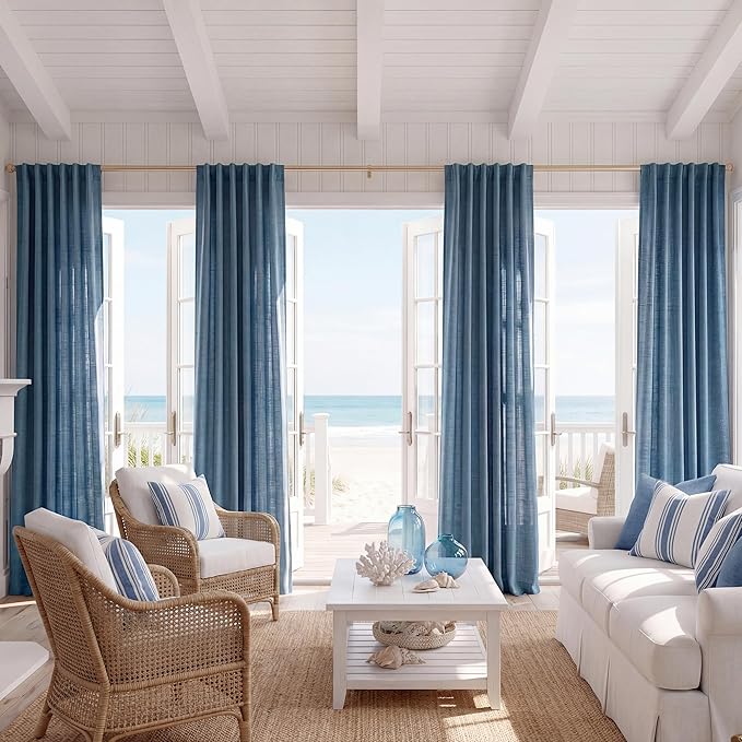 NICETOWN Stone Blue Linen Curtains 84 inch Long 2 Panels Set, 55" Wide Thick Flax Linen Blend Organic Home Decor Rod Pocket & Back Tab with Light Filtering for Bedroom/Living Room