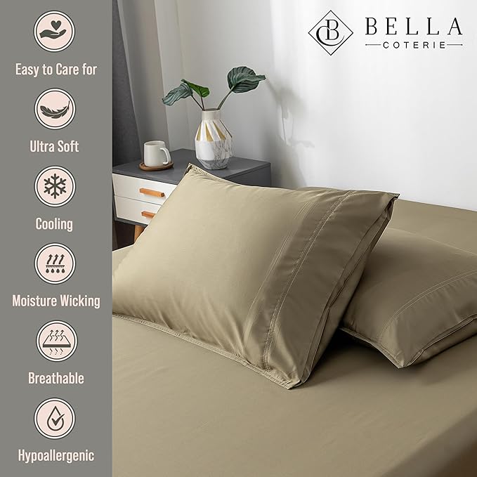 BELLA COTERIE | Luxury Bamboo Viscose Queen Size Pillowcase Set | 100% Organically Grown | Ultra Soft | Cooling | 2 Pcs [Olive]