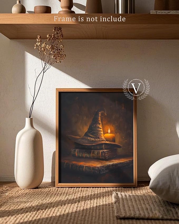 Retro Halloween Witch Hat with Magic Book Wall Art: Gloomy Witch Hat and Old book Horror Canvas Poster Suitable for Halloween Wall Decorations Dark Academic Style Witch Spell Book Print Suitable for Galleries, Living Rooms, Bedrooms (Frameless 8x10 inc...