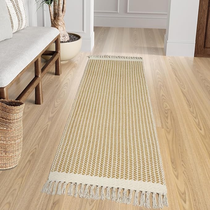 Lahome Belle Boho Bathroom Runner Rug, 2x6 Laundry Room Lightweight Entry Runner Woven Cotton Throw Carpet with Tassels, Farmhouse Non Shedding Washable Rugs Low Pile for Kitchen Hallway, Khaki