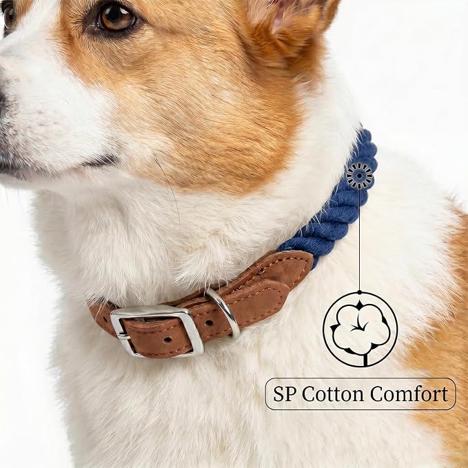 Mile High Life Genuine Leather Dog Collar, Durable Braided Cotton Rope Collar with Metal Pin Buckle for Small Medium Large Dogs (Navy Blue, M Neck 15"-18")