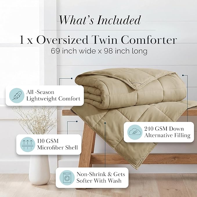 Southshore Fine Living, Inc. Beige Comforter, Twin Size Bedding, Cozy, Down Alternative Fluffy Comforter for Dorm Room, Machine Washable Twin XL Comforters, Pet Hair Resistant Bedding, Soft Sand