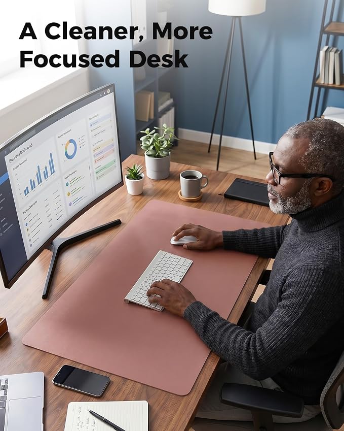 Aothia Dual-Sided Desk Mat, FSC Cork & PU Leather Desk Pad, Large Mouse Pad & Writing Surface for Extended Desk Setup, Non-Slip Waterproof Desk Protector - 47" x 17", Pale Mauve