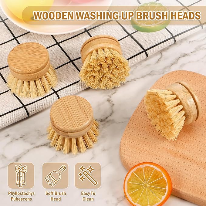 US 6Pcs Bamboo Dish Brush Head Soft Sisal Bristle Dish Natural Washing Brush Head Eco-Friendly Washing Up Brush Replacement Heads Easy to Use Dish Scrubber Head for Dish Brush Cleaning 1.89×1.57in