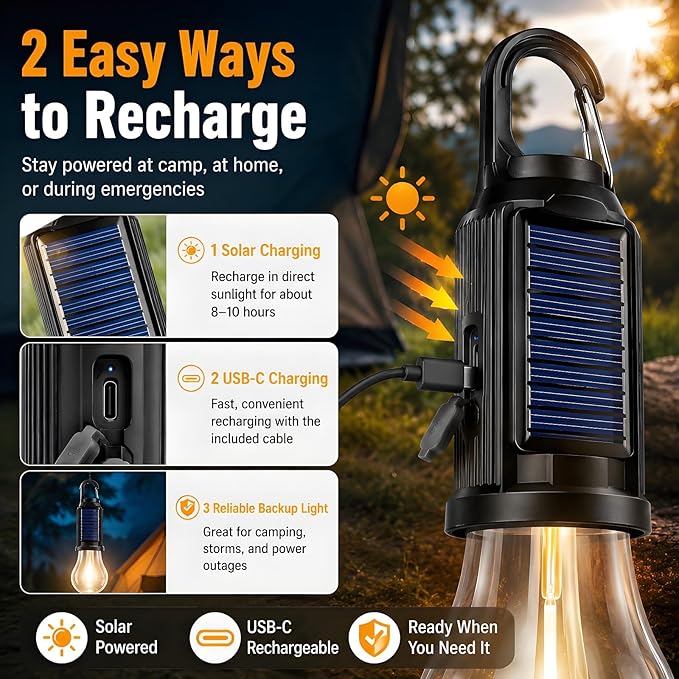 4-Pack Solar Camping Lantern, Portable LED Solar USB Rechargeable Lantern Flashlight Emergency Hanging Light Bulb for Indoor Outdoor Home Power Outages Hiking Hurricane (4)