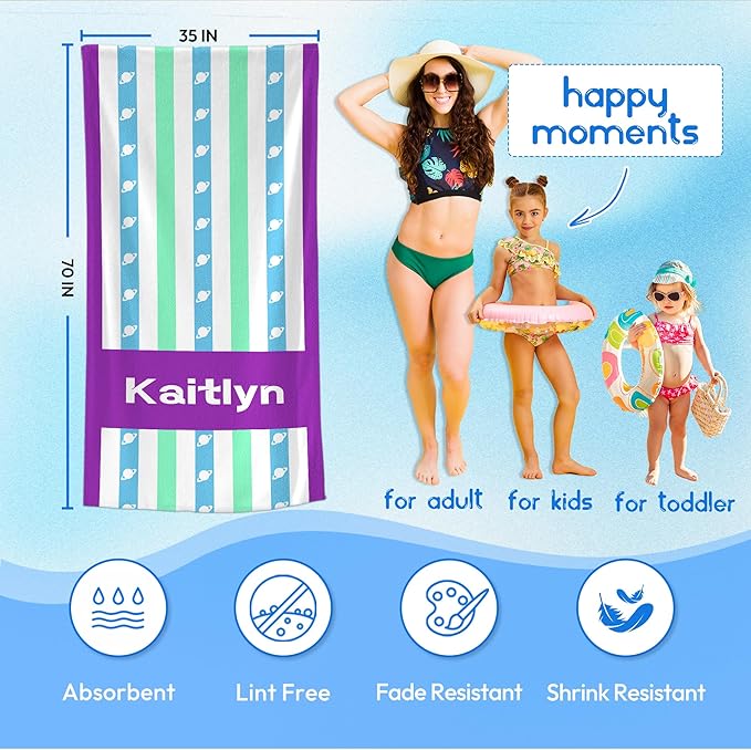 JML Custom Beach Towel with Name, Personalized Microfiber Beach Towel with Name, Large, Soft, Quick Dry & Absorbent for Swim, Pool,Adult,Summer Holiday,Vacation,Travel,Gift for Anniversary, Birthday