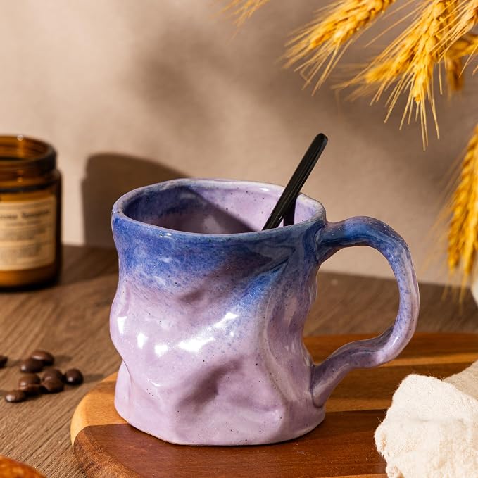 Handmade Ceramic Coffee Mugs, Mugs with Spoon, 11oz, Handmade Pottery Mug with Handle, Hand-painting, Unique Uneven Surface Tea cups, Dishwasher and Microwave Safe (Purple)