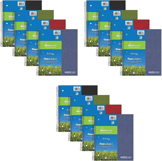 Roaring Spring Environotes Recycled Spiral Notebook, 5 Subject, 12 Pack, 11" x 9", 160 Perforated Sheets, 20 lb Bio-Based Paper, College Ruled w/ Margin, Assorted Earthtone Covers, Double Pocket, 4 Dividers, Made in USA