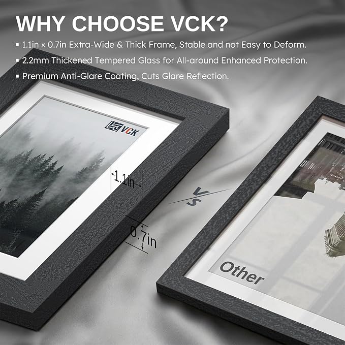VCK 11x14 Picture Frames Black - 6 Pack, Wide Border Solid Wood, Tempered Glass, Display 8.5x11 Photo with Mat or 11 x 14 Without, for Home, Office, Gallery, Woodgrain Series, Wall Hanging