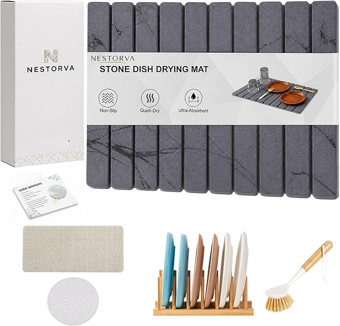 Stone Drying Mat for Kitchen Counter, 24"(L)×16"(W), Diatomaceous Earth Dish Drying Mat for Kitchen Counter, Quick Dry Stone Dishes Mats, Foldable Quick Dry Mats for kitchen, Bathroom, Dark Gray