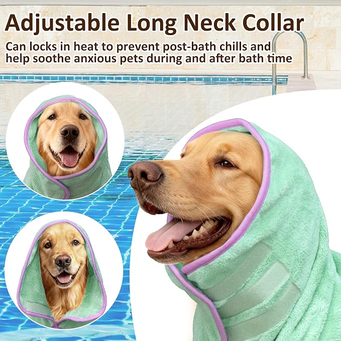 Soft Dog Bathrobe Fast Drying Dog Coat, Super Absorbent Dog Towels for After Bath, Microfiber Pet Robe Adjustable Collar & Belly Warm Keeping Dogs Coat for Pet Dogs & Cats (Green, Medium)