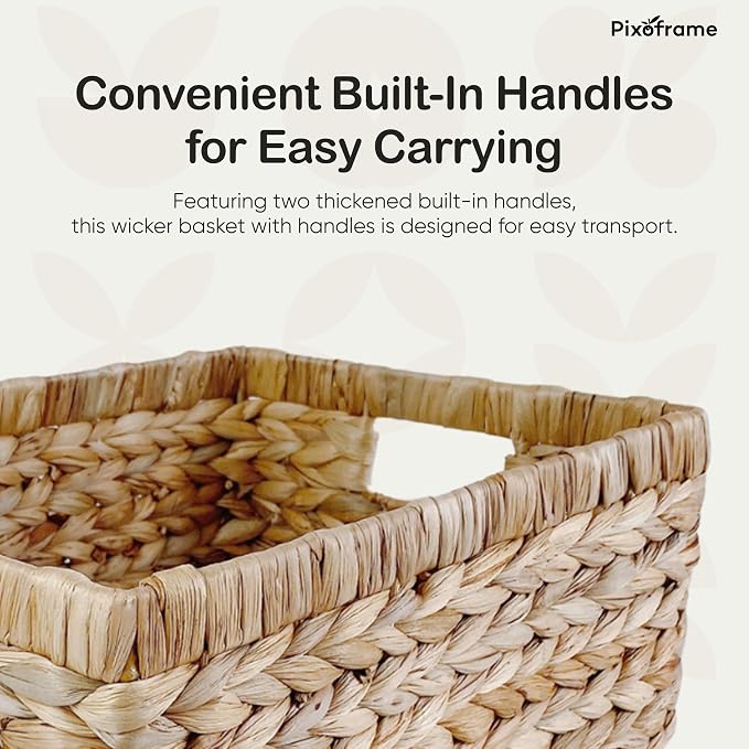 Large Rectangular Handwoven Wicker Basket - Natural Water Hyacinth Storage Baskets with 2 Built-in Handles - Ideal for Towel, Blankets, and Home Organizer & Decor - 16.5"x13"x7.50" - Brown