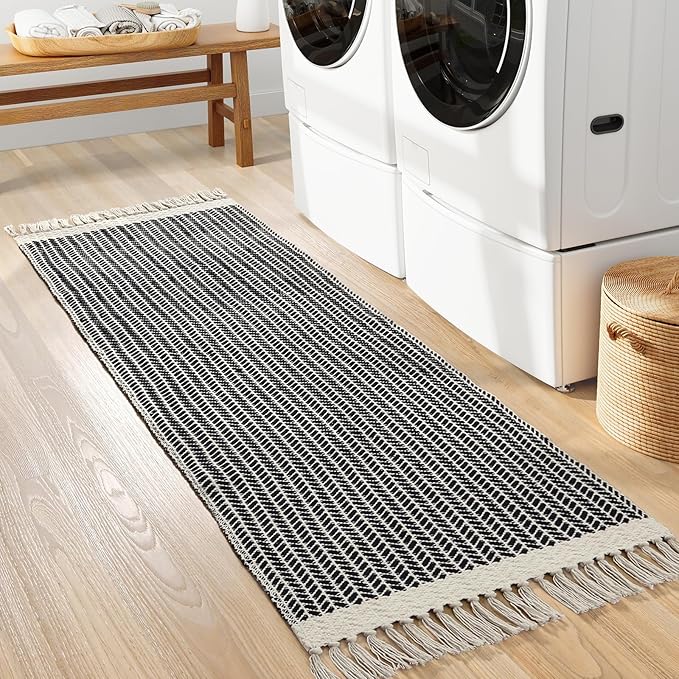 Lahome Belle Boho Hallway Runner Rug, 2x6 Laundry Room Lightweight Entry Woven Cotton Throw Mat with Tassels, Farmhouse Non Shedding Washable Black Low Pile Runner for Kitchen Bathroom