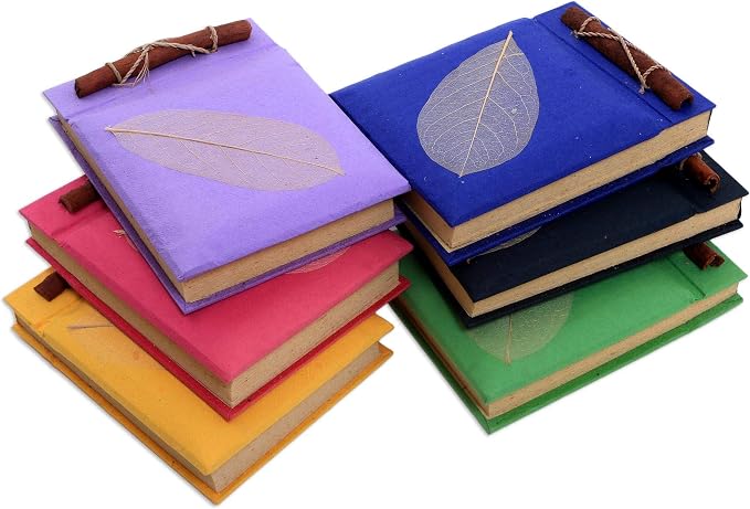 NOVICA Purple Pink Green Yellow Recycled Natural Fiber Notebooks With Rice Paper, 'Happy Leaf' (Set Of 6)