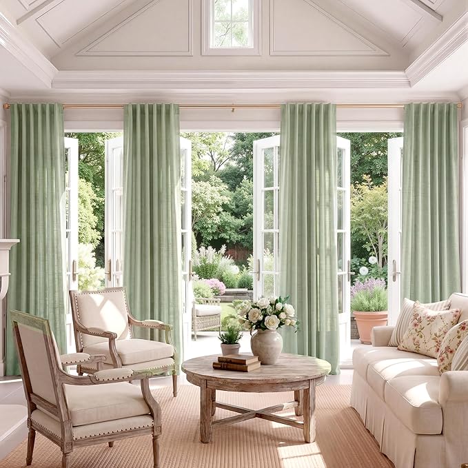 NICETOWN Sage Green Linen Curtains 84 inch Long 2 Panels Set, 55" Wide Thick Flax Linen Blend Organic Home Decor Rod Pocket & Back Tab with Light Filtering for Bedroom/Living Room