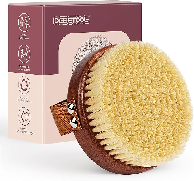 DEBETOOL Dry Brushing Body Brush - Natural Boar Bristle Exfoliating Brush for Lymphatic Drainage & Cellulite, Medium Firmness Body Brush for Dry Skin Self Care