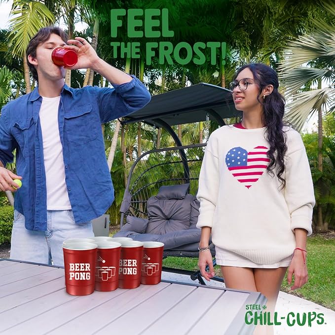 Steel Chill Cups 16 oz. Party Cup 'Beer Pong' Drinking Game Design for Cold Drinks, Sturdy, Durable, Disposable, Recyclable, Made in USA, Red 12 Count