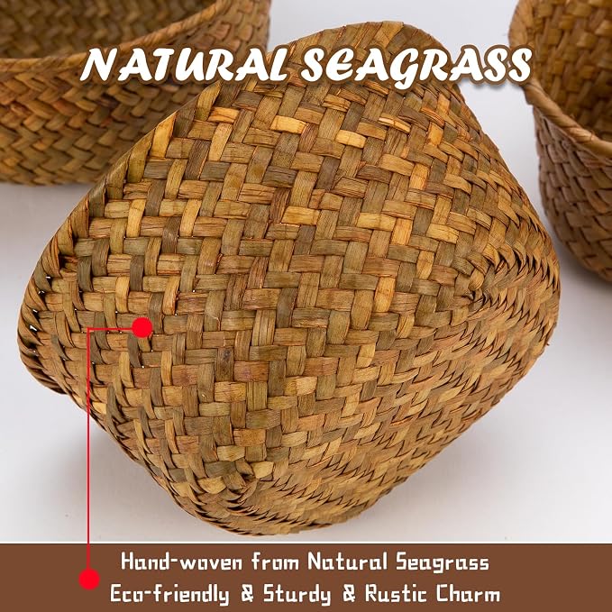 6 Set Small Seagrass Woven Storage Baskets, Natural Woven Round Basket Bin for Farmhouse Kitchen Countertop Pantry Shelf Organization, Stackable Mini Fruit Vegetable Holder
