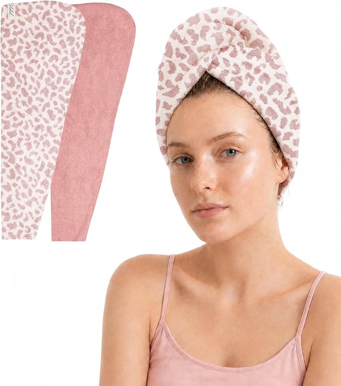 ROLSHOL Cotton Hair Towel Wrap for Women, 2 Pack 100% Cotton Hair Drying Towels for Long, Thick & Curly Hair, 32" x 11" Large Hair Turban for Wet Hair with Elastic Band (Pink Leopard Print)