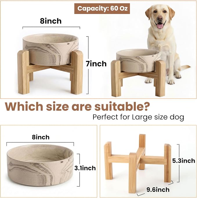 hjn Elevated Ceramic Dog Bowl with Bamboo Stand, Raised Pet Feeding Station for Small Medium Dogs Cats, Modern Design with Anti-Slip Base (Marble Brown, 7.6Cup)