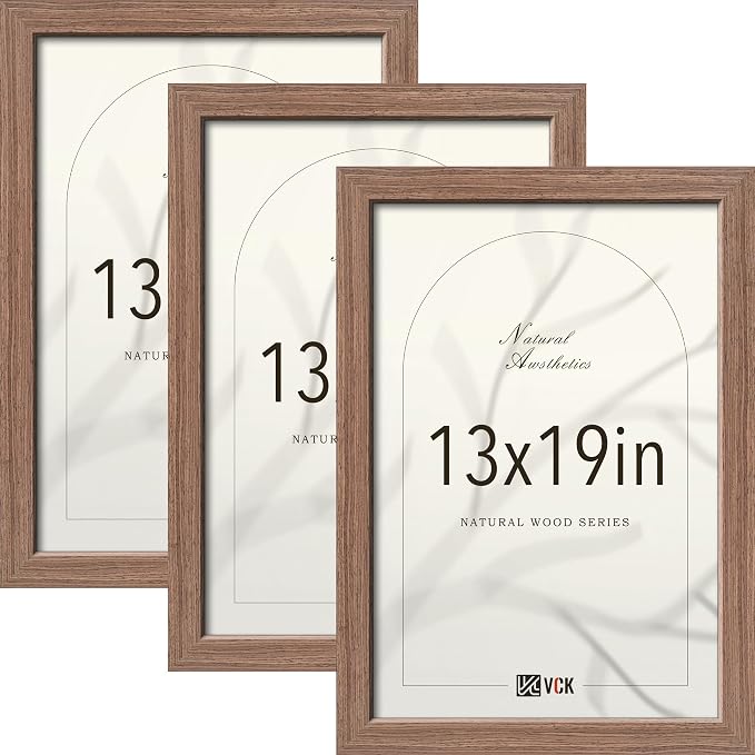 VCK 13x19 Picture Frame 3 Pack - Walnut Solid Wood Poster Frames, Textured Exclusive Wood Wall Gallery Frame