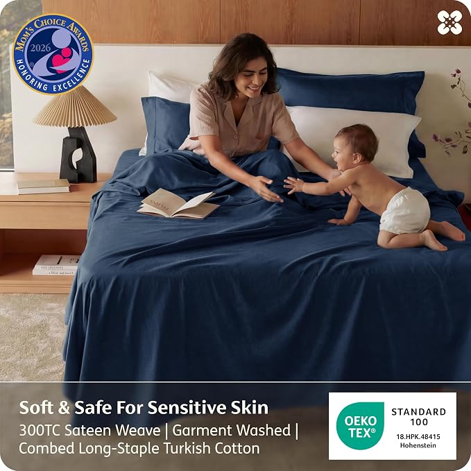 Bedsure 100% GOTS Certified Organic Cotton Sheets, King Size Sheets Set, 17" Deep Pocket Bedsheets with Corner Straps, Eco-Friendly, Soft, Breathable & Luxury PureWoven Cotton Hotel Bedding, Navy